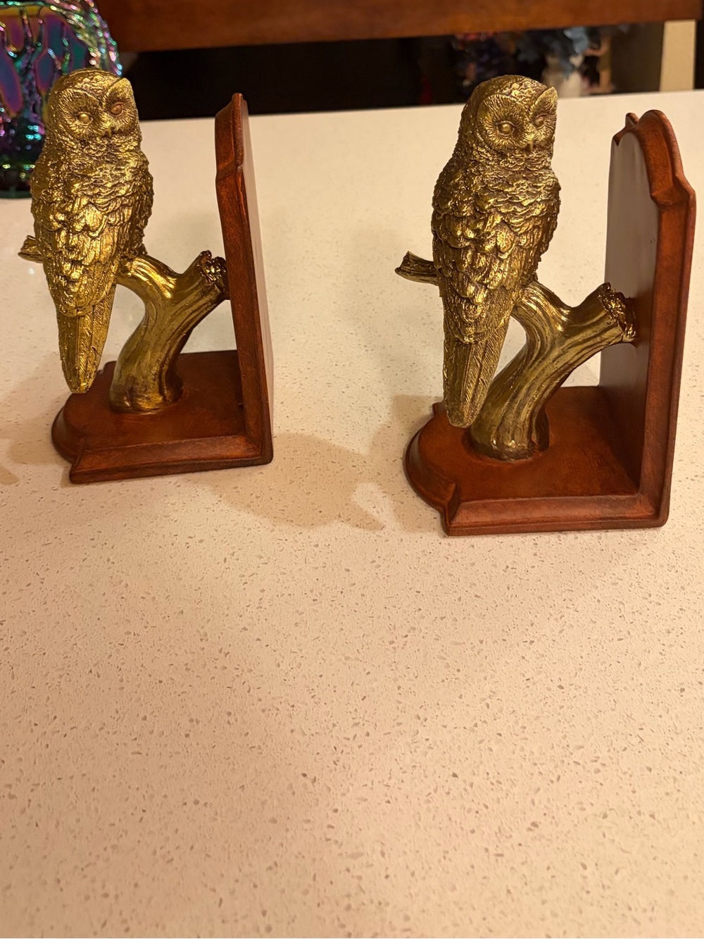 Gold Owl Bookends with Wood Base - Decorative Home Accent